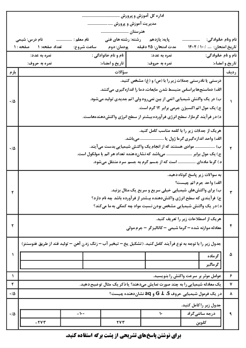 آزمون پودمان دوم درس شیمی رشته‌های فنی و حرفه‌ای