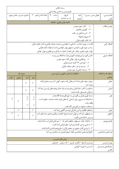 طرح درس روزانه قرآن هفتم | درس 1: آداب تلاوت