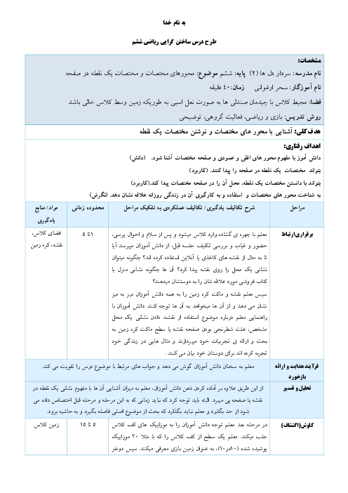 طرح درس ساخت گرایی ریاضی ششم: مختصات