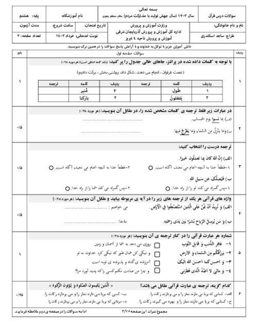 سه سری نمونه سوال نوبت دوم قرآن پایه هشتم خرداد ماه 1403 دبیرستان علی ابن ابیطالب