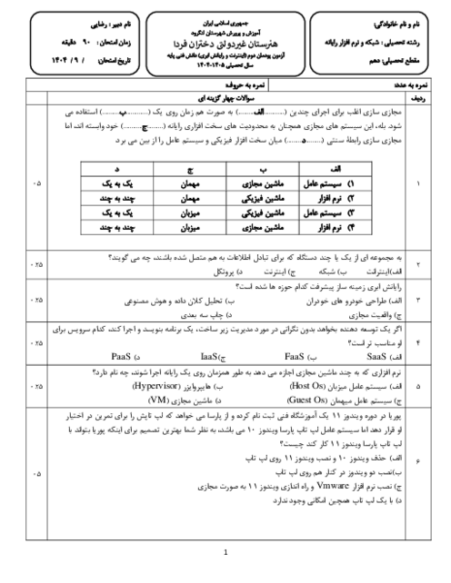 نمونه سوال پودمان 2 دانش فنی پایه کامپیوتر: اینترنت و رایانش ابری