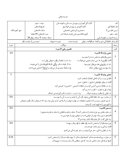 امتحان نیمسال دوم فارسی دهم دبیرستان 15 خرداد ایرانشهر | اردیبهشت 1398