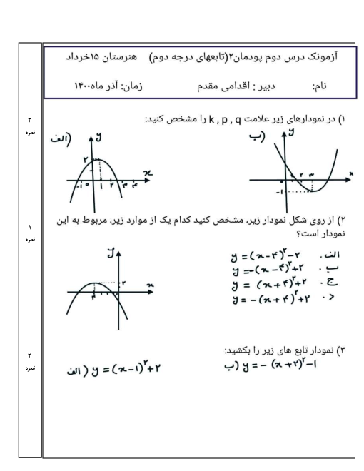 امتحان داخلی ریاضی (2) فنی یازدهم هنرستان پانزده خرداد | پودمان 2: تابع های خطی و درجه دوم و کاربرد آنها (توابع درجه دوم)