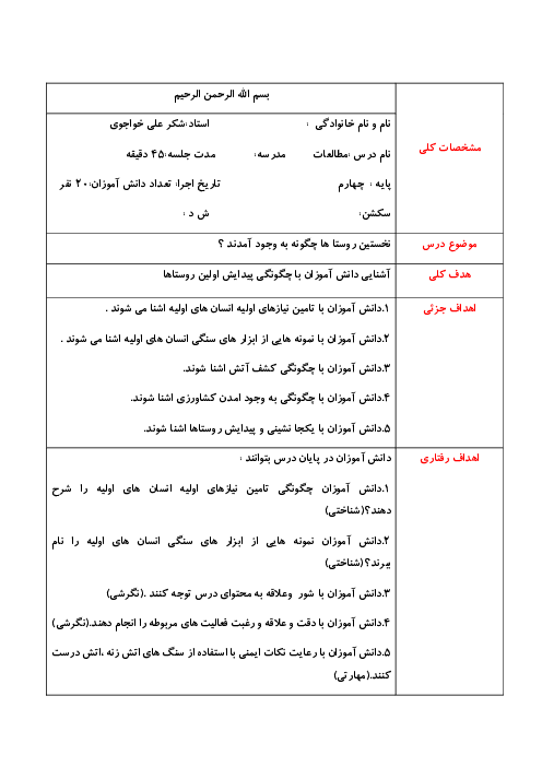 طرح درس مطالعات اجتماعی پایه چهارم؛ درس 8 پیدایش نخستین روستاها