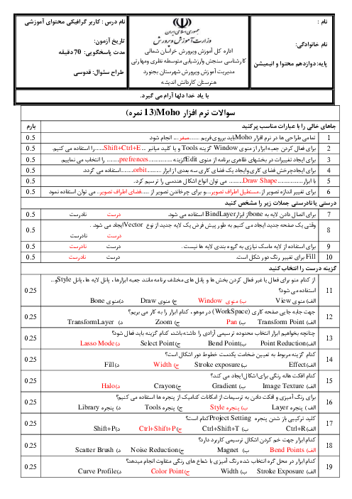 آزمون کتبی استاندارد کاربر گرافیکی محتوای آموزشی (ایلستریتور-موهو)