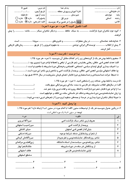 آزمون تشریحی درس 1 فنون 3 دبیرستان پیروان امام علی