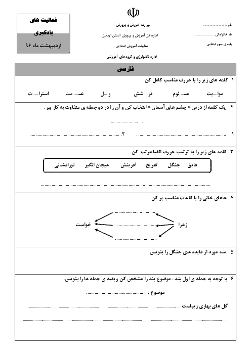 پیک ماهانه‌ی اردیبهشت فارسی، علوم و ریاضی کلاس سوم دبستان - اداره‌ی تکنولوژی و گروههای آموزشی اردبیل