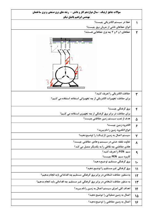 سوالات جامع ارتینگ سال دوازدهم کار و دانش رشته های برق صنعتی و برق ساختمان
