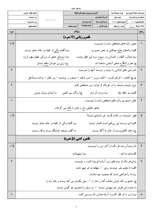 سوالات آزمون نوبت اول فارسی (3) دوازدهم دبیرستان صدیقه کبری (س) | دی 1400