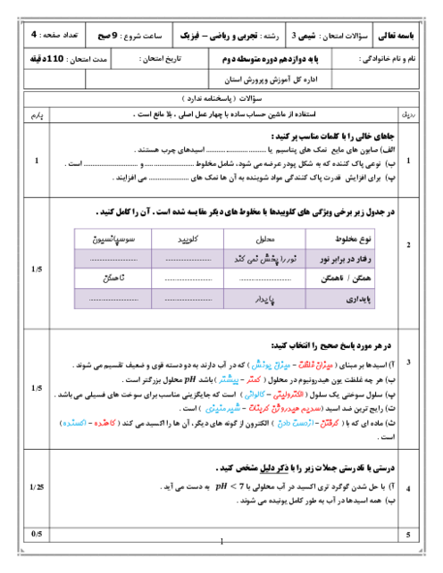 سوالات آزمون نوبت اول شیمی دوازدهم آموزشگاه شهید چمران دی 1400