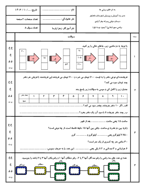 5 سری آزمون نوبت اول ریاضی پایه سوم دبستان