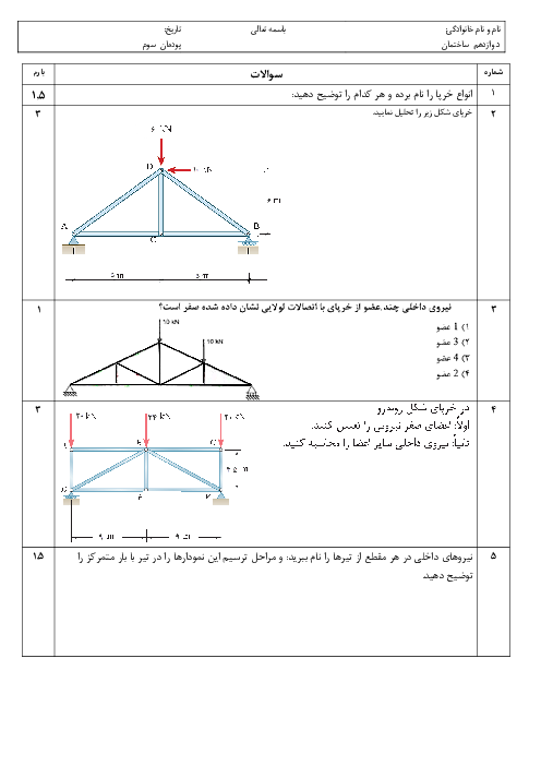 آزمون پودمانی دانش فنی تخصصی دوازدهم رشته ساختمان | پودمان 3: تحلیل سازه‌های ساختمانی