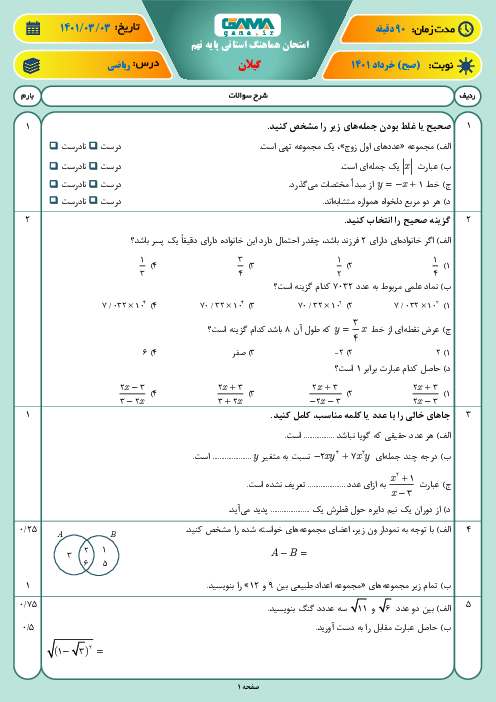 سوالات آزمون نوبت دوم ریاضی نهم هماهنگ استان گیلان | خرداد 1401