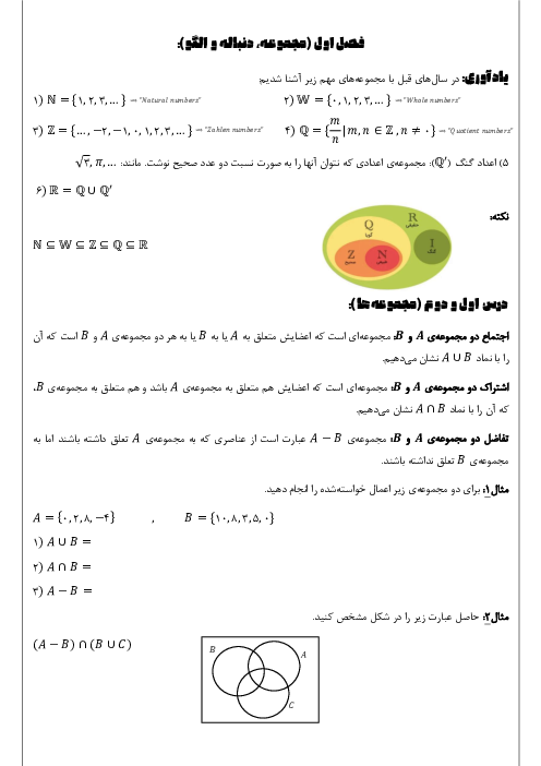 جزوه فصل اول: مجموعه، الگو و دنباله | ریاضی سال دهم