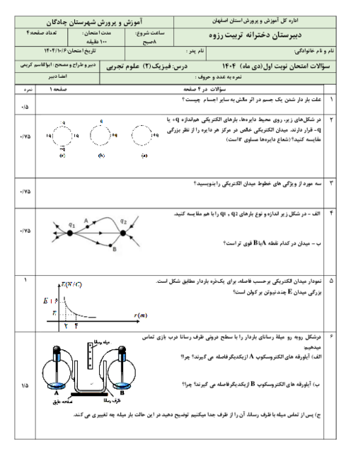 سوال امتحان نوبت اول درس فیزیک پایه یازدهم رشته علوم تجربی دیماه 1404 دبیرستان تربیت
