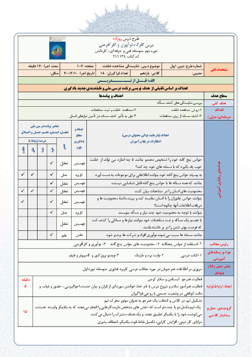 طرح درس روزانه کارگاه نوآوری و کارآفرینی یازدهم | پودمان 1: حل خلاقانه مسئله‌ها (صفحه 1 تا 7)