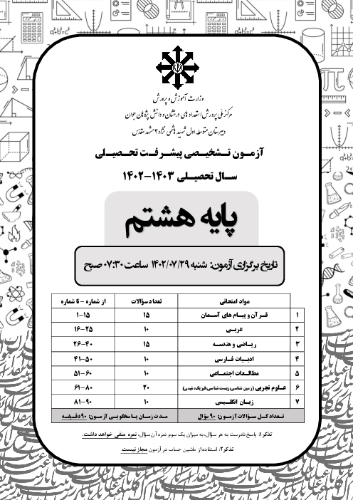 آزمون تشخیصی پیشرفت تحصیلی پایه هشتم مدرسه تیزهوشان شهید هاشمی نژاد مرحله مهر ماه 1402