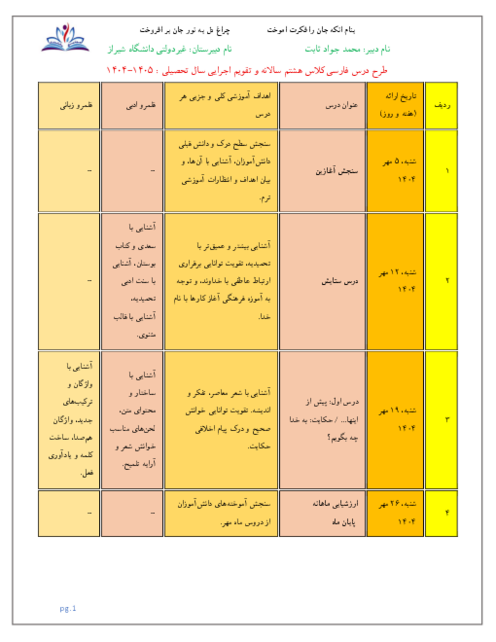 طرح درس سالانه و تقویم اجرای درس فارسی هشتم سال تحصیلی 1405-1404