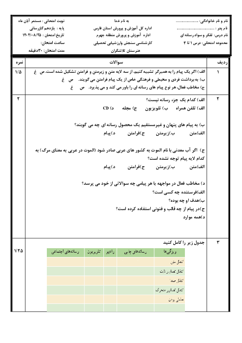 آزمون تشریحی درس 1 تا 3 کتاب تفکر و سواد رسانه ای