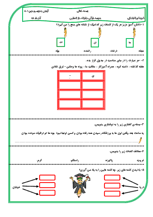 آزمون مدادکاغذی نگارش فارسی سوم دبستان دخترانه‌ی دار المتقین اهواز | درس 1 تا 5