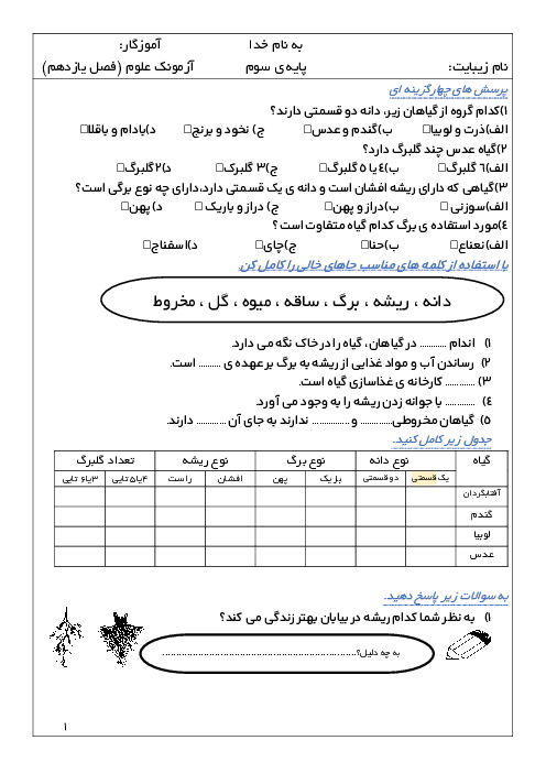 آزمونک فصل 11: گیاهان | علوم سوم ابتدائی