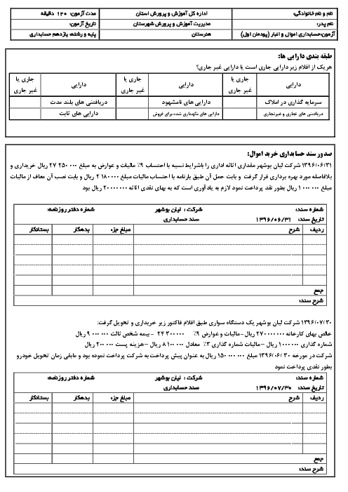 آزمون حسابداری اموال و انبار یازدهم | فصل 1: صدور سند حسابداری خرید و بیمه اموال