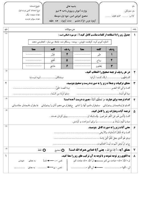 آزمون کتبی نوبت اول قرآن هشتم دی 1404