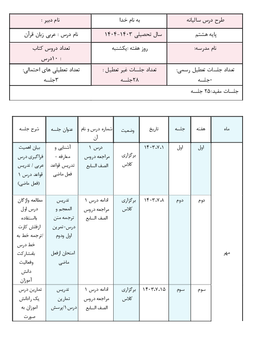 طرح درس سالانه عربی هشتم سال تحصیلی 1404-1403