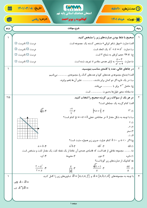 سوالات آزمون نوبت دوم ریاضی نهم هماهنگ استان کهگیلویه و بویر احمد | خرداد 1401