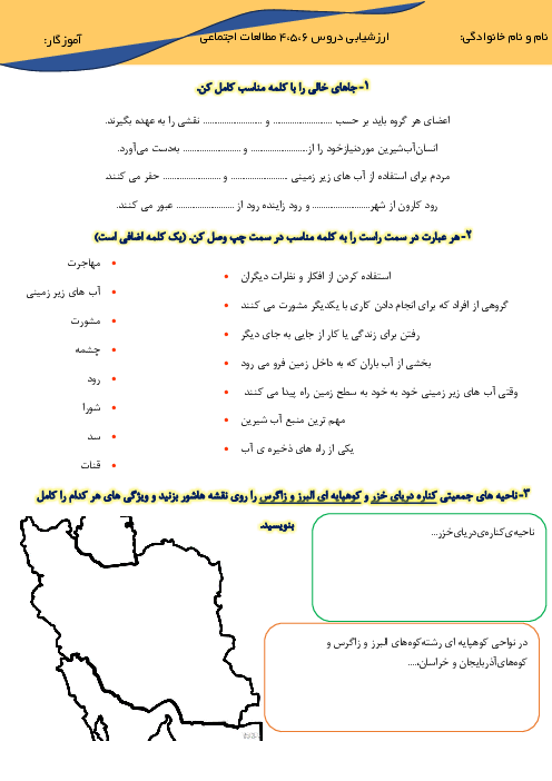 آزمون درس 4 تا 6 مطالعات اجتماعی پنجم