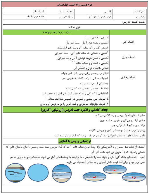 طرح درس روزانه فارسی اول دبستان راشد | درس 2: قسمت و بخش  اَ ـَ  