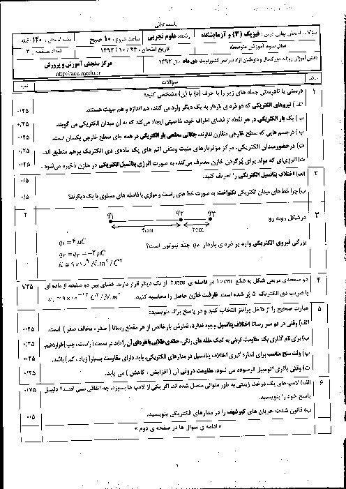 سوالات امتحان نهایی فیزیک (3) تجربی - دی 1392