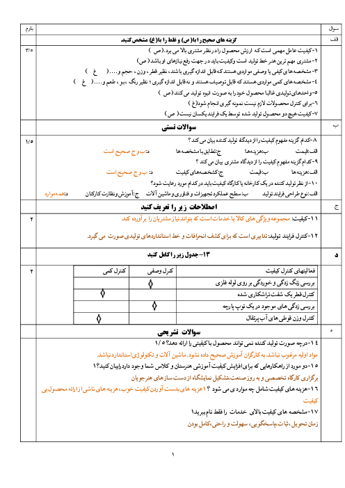 آزمون پودمان 4 مدیریت تولید هنرستان حرفه‌ای الزهرا