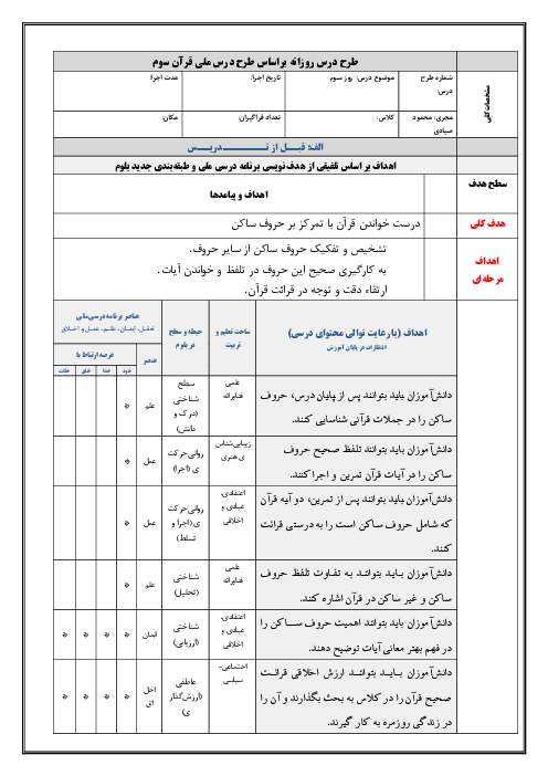 طرح درس حروف ساکن | قرآن سوم ابتدائی