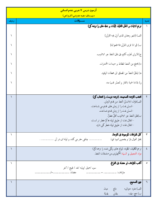 آزمون عربی (1) دهم دبیرستان نبی اکرم | درس 7: صِناعَةُ النِّفطِ