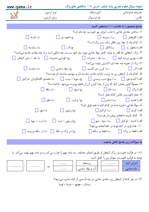 آزمون مداد کاغذی علوم تجربی پایه ششم با پاسخ | درس 11 - شگفتی های برگ