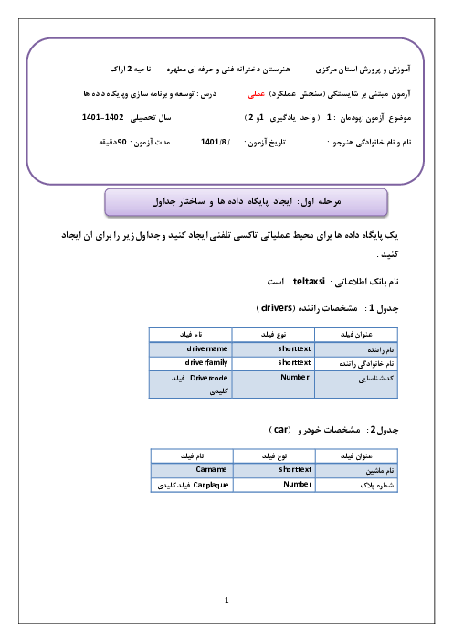 امتحان عملی توسعه برنامه سازی و پایگاه داده یازدهم هنرستان مطهره | پودمان 1: پیاده‌سازی پایگاه داده