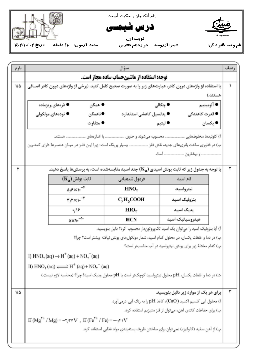 سوالات امتحان نوبت اول دیماه 1402 درس شیمی دوازدهم دبیرستان مبین