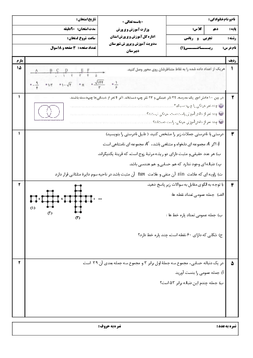 نمونه سوال دی ماه ریاضی دهم دبیرستان ادب