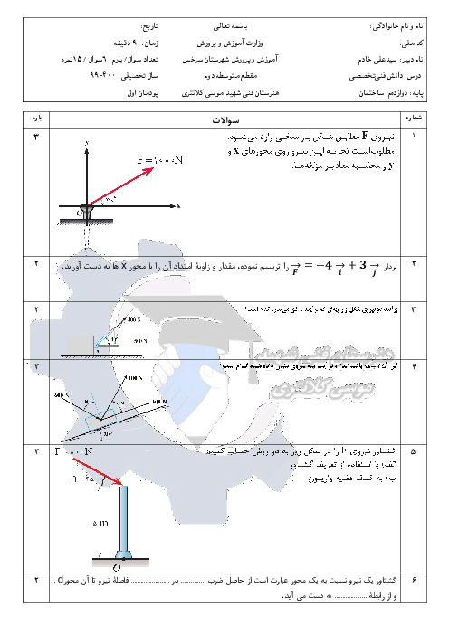 آزمون پودمانی دانش فنی تخصصی دوازدهم رشته ساختمان | پودمان 1: تحلیل مکانیک برداری