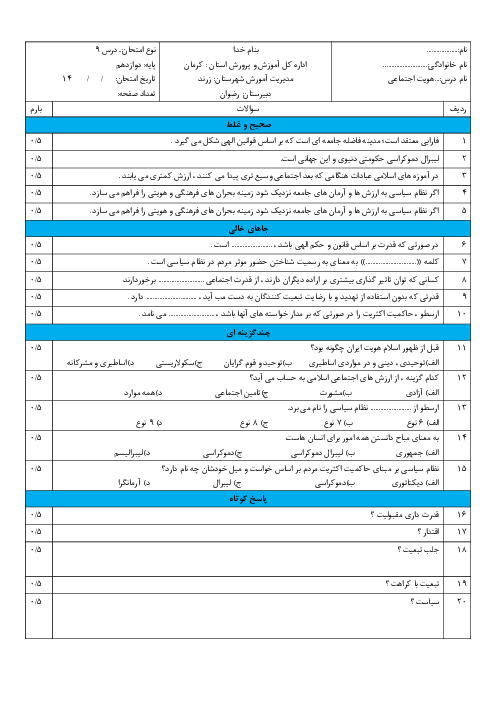 آزمون کلاسی هویت اجتماعی دوازدهم هنرستان رضوان | درس 9: بعد سیاسی هویت ایران