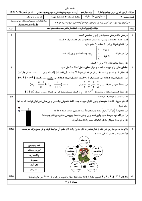 امتحان نهایی ریاضی و آمار (3) پایه دوازدهم انسانی | جبرانی دی 1404 