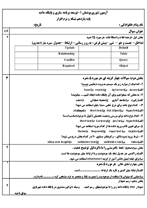 آزمون تئوری پودمان 1 پیاده سازی پایگاه داده (Access)