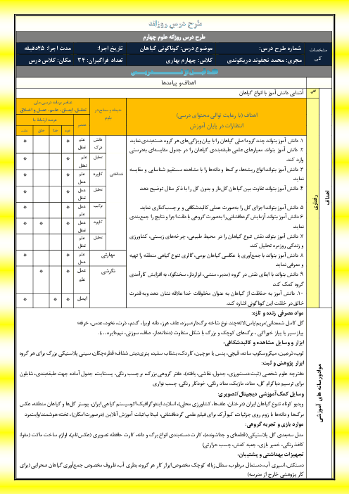 طرح درس روزانه درس 12 علوم چهارم | گوناگونی گیاهان 