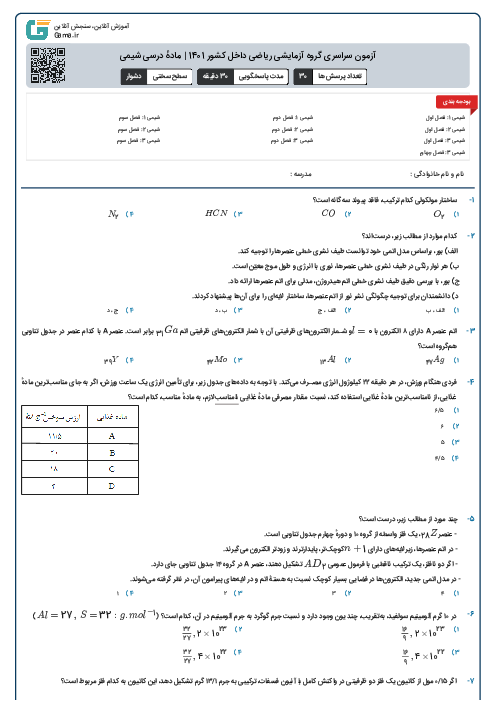 آزمون سراسری گروه آزمایشی ریاضی داخل کشور 1401 | مادهٔ درسی شیمی