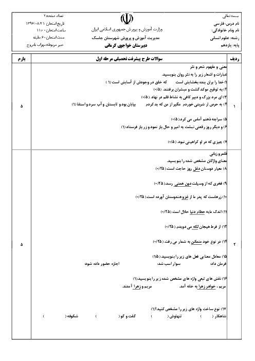 سوالات امتحان مستمر فارسی (2) یازدهم دبیرستان خواجوی کرمانی - آبان 96: درس 1 تا 5