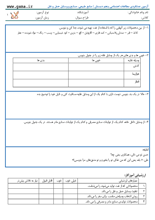 آزمون عملکردی مطالعات اجتماعی پنجم دبستان  | منابع طبیعی، صنایع و وسایل حمل و نقل