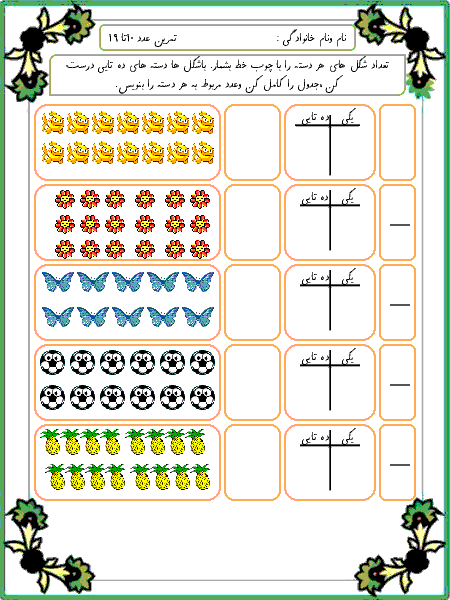 تمرین تکمیلی ریاضی کلاس اول دبستان | تم 16 (اعداد 10 تا 19)