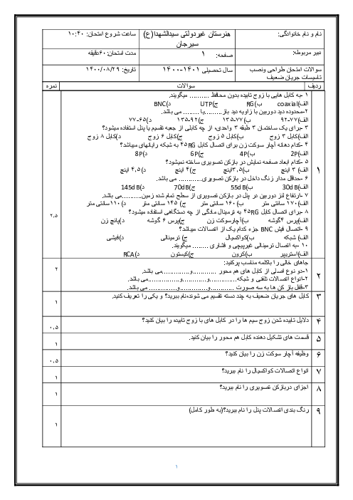 آزمون پودمان های 1 تا 5 طراحی و نصب تأسیسات جریان ضعیف دهم هنرستان غیردولتی سیدالشهداء سیرجان