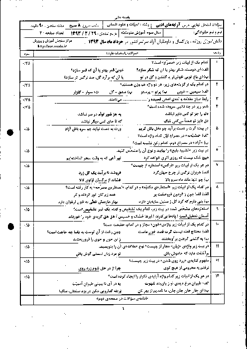 سوالات و پاسخ تشریحی امتحان نهایی آرایه های ادبی- خرداد 1393